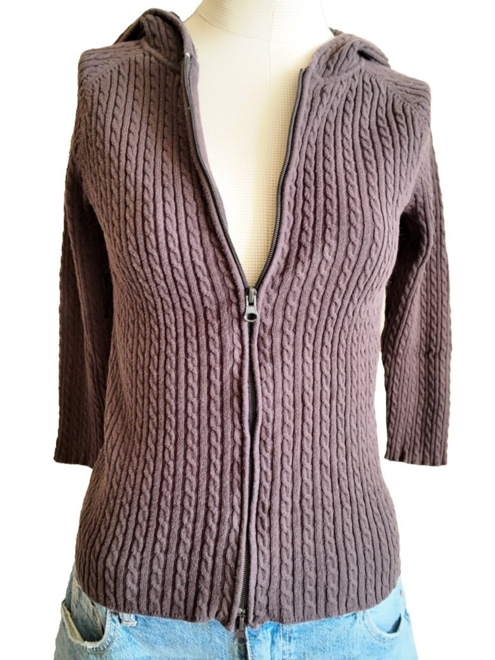 Y2K Anne Klein Brown Cable Knit zip Sweater size small  READ